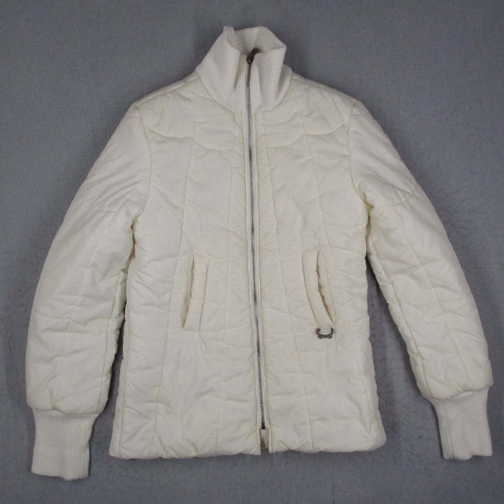 Diesel Womens Off White Quilted Puffer Jacket Ribbed Trim Full Zip Cream Size M